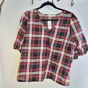 Loft plaid peasant style blouse red black